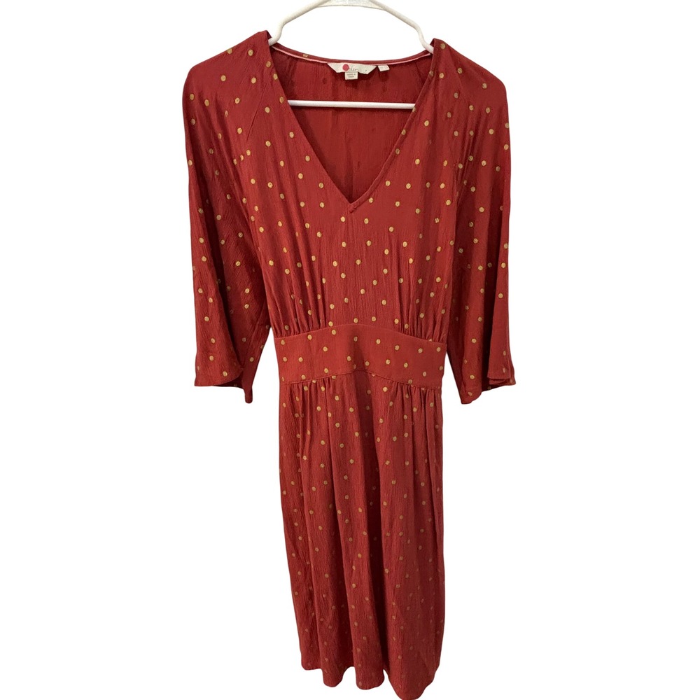 Boden Rust Red Gold Polka Dot V Neck Midi‎ Dress Tie Waist 6R flutter sleeves